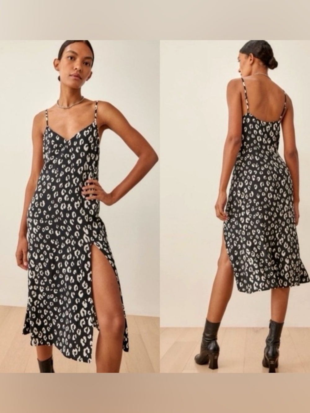 EUC Reformation Crimini Dress in Black Leopard Cat Midi Slip Dress